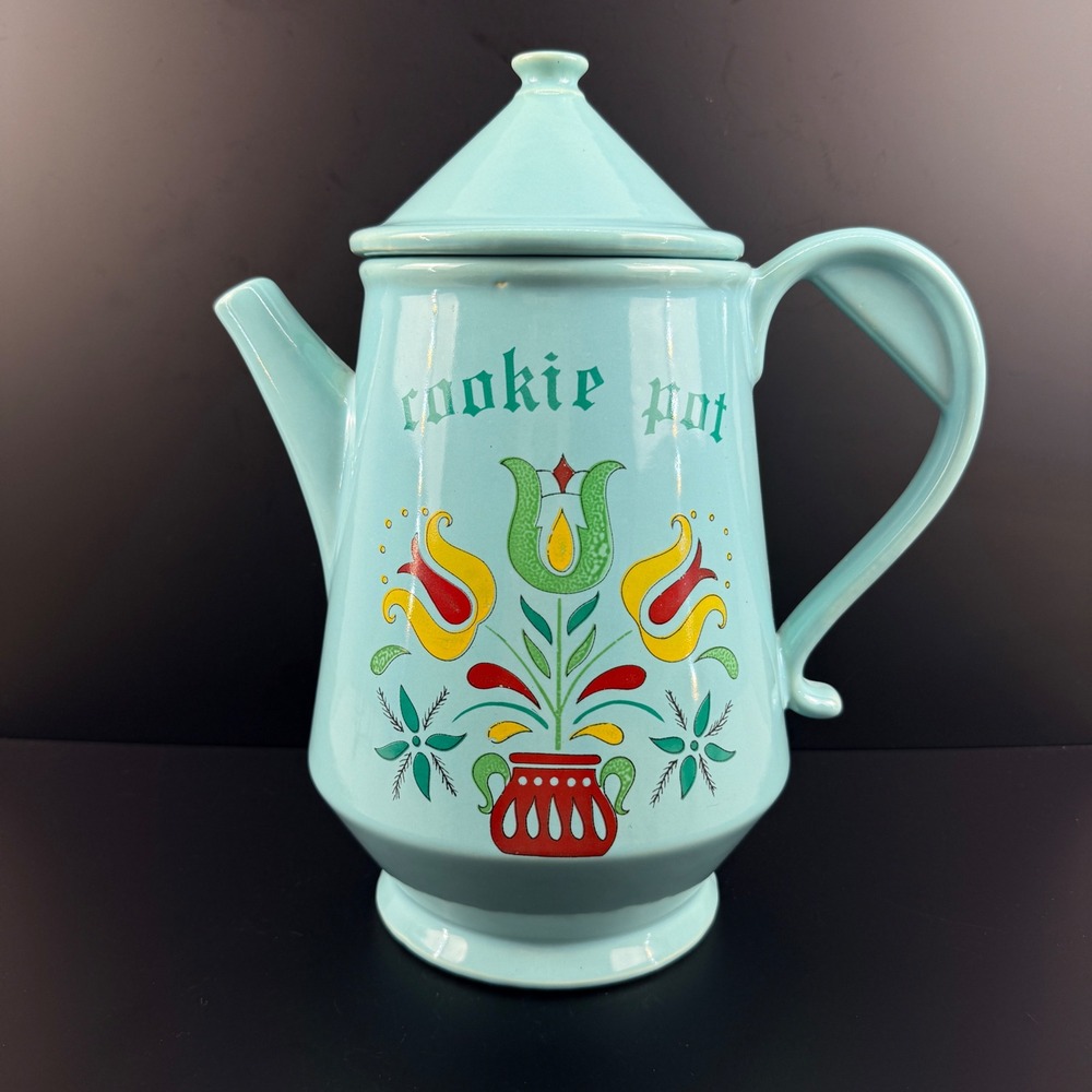 Vintage McCoy Pottery Cookie Pot Pitcher USA Aqua Wildflower Tulip 1960s